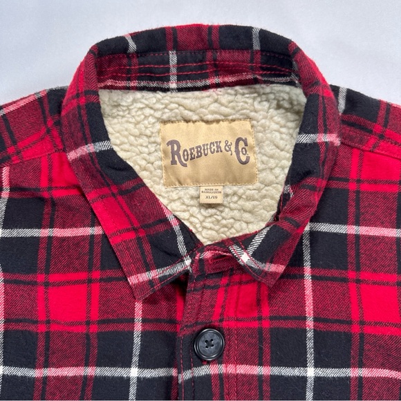 VTG Sears Roebuck & Co Shacket Mens XL Red Plaid Sherpa Lined Shirt Pockets - Picture 4 of 9